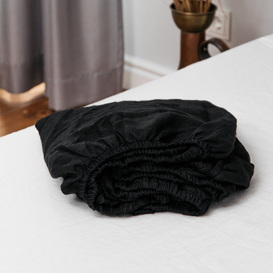 Linen Fitted Sheet in Midnight Black