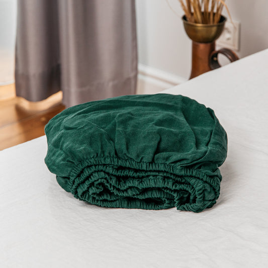 Linen Fitted Sheet in Emerald Green